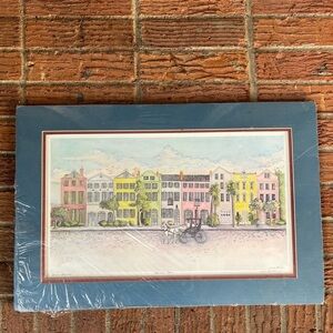 Jeanie Drucker Signed Double Matted Print Rainbow Row Charleston 22” x 14 5/8”